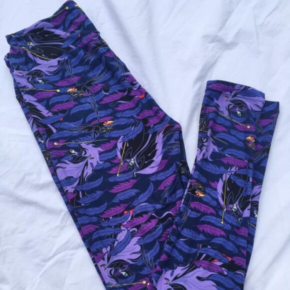 Disney OS One Size Leggings LulaRoe Maleficent Crow Villains Feathers Purple - Picture 1 of 1